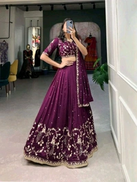 GabaTimes  Simple yet stunning Our wine colored Vichitra Silk Lehenga - Blouse Size (XS), Unstitched Blouse
