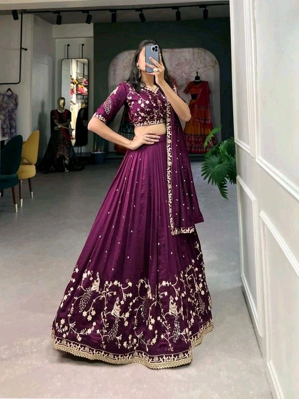 GabaTimes  Simple yet stunning Our wine colored Vichitra Silk Lehenga - Blouse Size (XS), Unstitched Blouse