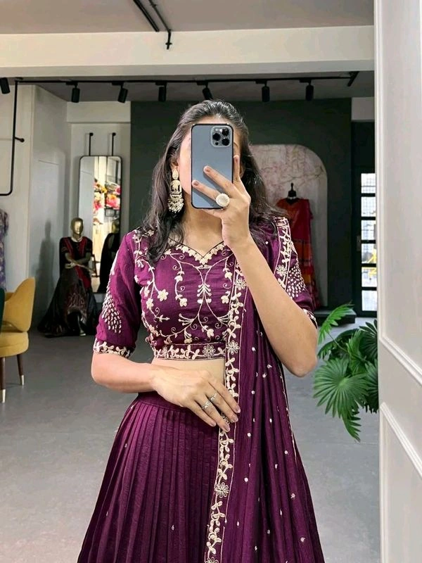 GabaTimes  Simple yet stunning Our wine colored Vichitra Silk Lehenga - Blouse Size (XS), Unstitched Blouse