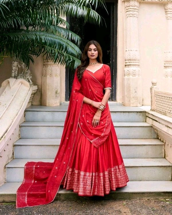 GabaTimes  Pure Chanderi Plain Lehenga  - colour 5, Stitched Blouse