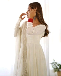 GabaTimes  PURE ROMANSILK CHANDERI FABRIC FULLY FLAIR ANARKALI WITH DUPPTA SET PENT READY TO WEAR - onion, L