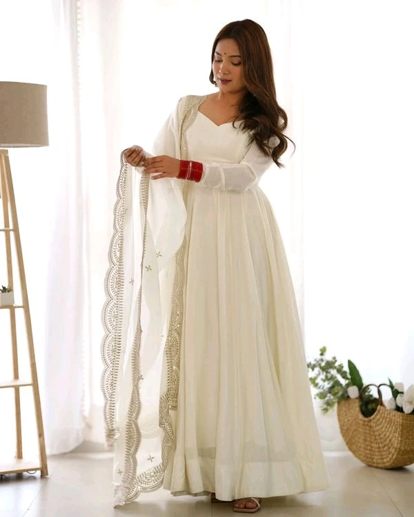 GabaTimes  PURE ROMANSILK CHANDERI FABRIC FULLY FLAIR ANARKALI WITH DUPPTA SET PENT READY TO WEAR - White, S
