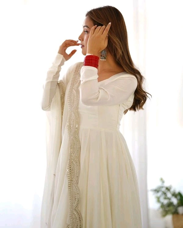 GabaTimes  PURE ROMANSILK CHANDERI FABRIC FULLY FLAIR ANARKALI WITH DUPPTA SET PENT READY TO WEAR - White, S