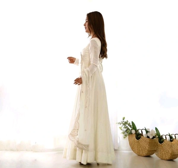 GabaTimes  PURE ROMANSILK CHANDERI FABRIC FULLY FLAIR ANARKALI WITH DUPPTA SET PENT READY TO WEAR - White, S