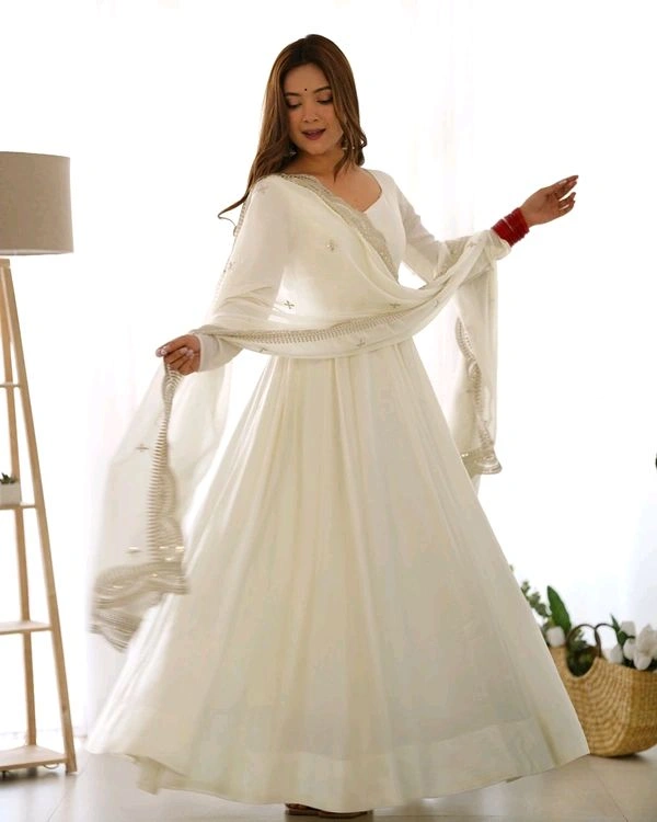 GabaTimes  PURE ROMANSILK CHANDERI FABRIC FULLY FLAIR ANARKALI WITH DUPPTA SET PENT READY TO WEAR - White, S