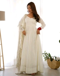 GabaTimes  PURE ROMANSILK CHANDERI FABRIC FULLY FLAIR ANARKALI WITH DUPPTA SET PENT READY TO WEAR - White, S