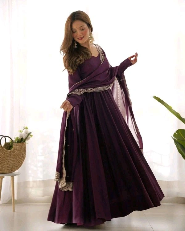 GabaTimes  PURE ROMANSILK CHANDERI FABRIC FULLY FLAIR ANARKALI WITH DUPPTA SET PENT READY TO WEAR - Wine, Xs