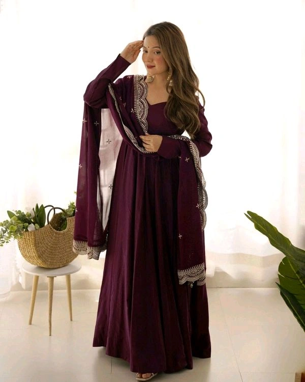 GabaTimes  PURE ROMANSILK CHANDERI FABRIC FULLY FLAIR ANARKALI WITH DUPPTA SET PENT READY TO WEAR - Wine, S