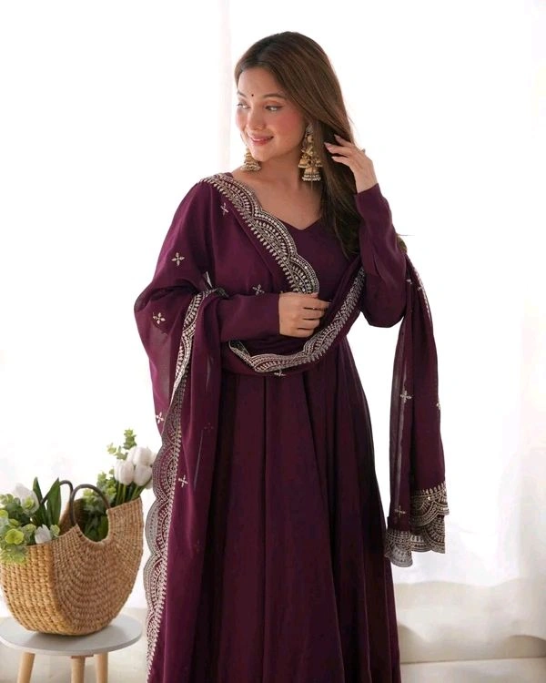 GabaTimes  PURE ROMANSILK CHANDERI FABRIC FULLY FLAIR ANARKALI WITH DUPPTA SET PENT READY TO WEAR - Wine, S