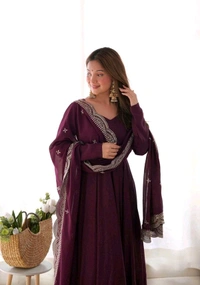GabaTimes  PURE ROMANSILK CHANDERI FABRIC FULLY FLAIR ANARKALI WITH DUPPTA SET PENT READY TO WEAR - Wine, S