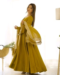 GabaTimes  PURE ROMANSILK CHANDERI FABRIC FULLY FLAIR ANARKALI WITH DUPPTA SET PENT READY TO WEAR - Musturd, Xs