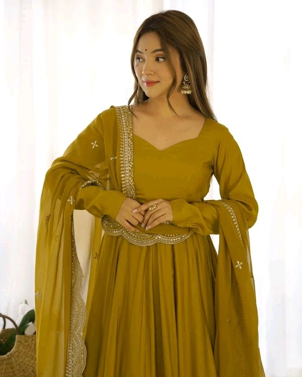 GabaTimes  PURE ROMANSILK CHANDERI FABRIC FULLY FLAIR ANARKALI WITH DUPPTA SET PENT READY TO WEAR - Musturd, Xs