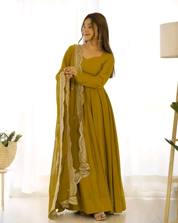 GabaTimes  PURE ROMANSILK CHANDERI FABRIC FULLY FLAIR ANARKALI WITH DUPPTA SET PENT READY TO WEAR - Musturd, S
