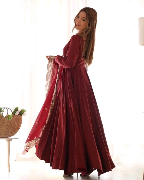 GabaTimes  PURE ROMANSILK CHANDERI FABRIC FULLY FLAIR ANARKALI WITH DUPPTA SET PENT READY TO WEAR - Maroon, S