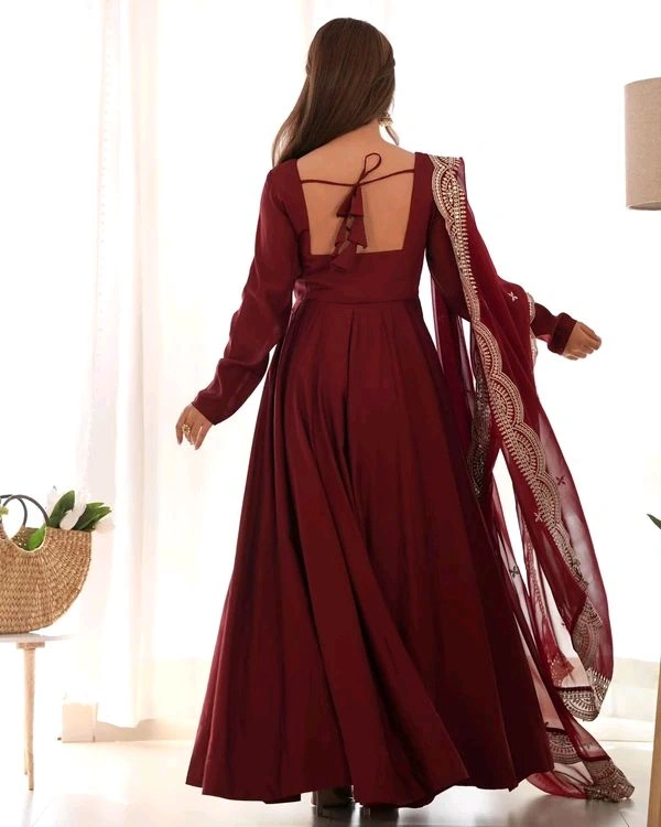 GabaTimes  PURE ROMANSILK CHANDERI FABRIC FULLY FLAIR ANARKALI WITH DUPPTA SET PENT READY TO WEAR - Maroon, S
