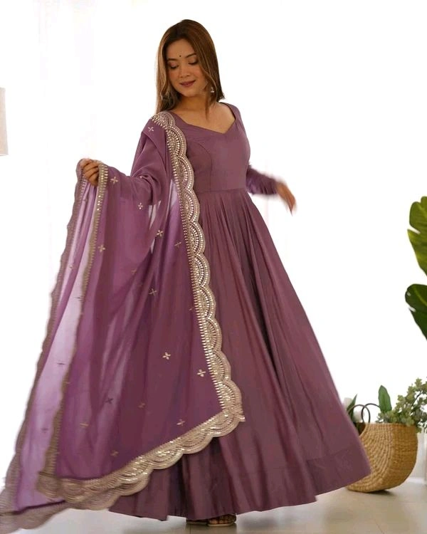 GabaTimes  PURE ROMANSILK CHANDERI FABRIC FULLY FLAIR ANARKALI WITH DUPPTA SET PENT READY TO WEAR - onion, S