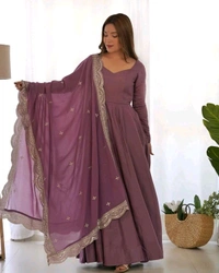 GabaTimes  PURE ROMANSILK CHANDERI FABRIC FULLY FLAIR ANARKALI WITH DUPPTA SET PENT READY TO WEAR - onion, S