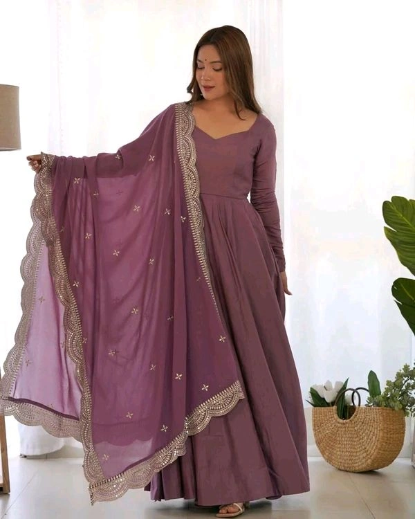 GabaTimes  PURE ROMANSILK CHANDERI FABRIC FULLY FLAIR ANARKALI WITH DUPPTA SET PENT READY TO WEAR - onion, S