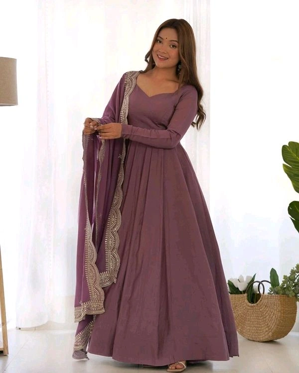 GabaTimes  PURE ROMANSILK CHANDERI FABRIC FULLY FLAIR ANARKALI WITH DUPPTA SET PENT READY TO WEAR - onion, S