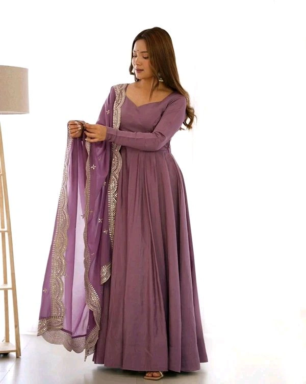 GabaTimes  PURE ROMANSILK CHANDERI FABRIC FULLY FLAIR ANARKALI WITH DUPPTA SET PENT READY TO WEAR - onion, S