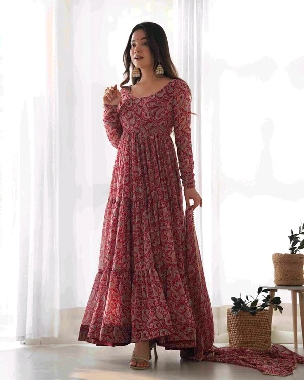 GabaTimes  PURE SOFT FOX GEORGETTE KALAMKARI PRINT FABRIC FULLY FLAIR ANARKALI WITH DUPPTA SET PENT READY TO WEAR - 2XL