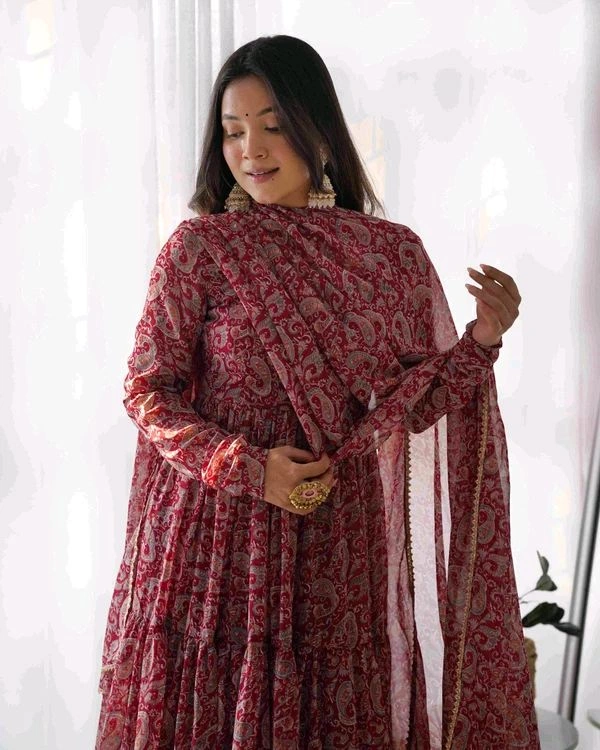 GabaTimes  PURE SOFT FOX GEORGETTE KALAMKARI PRINT FABRIC FULLY FLAIR ANARKALI WITH DUPPTA SET PENT READY TO WEAR - 2XL