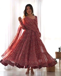GabaTimes  PURE SOFT FOX GEORGETTE KALAMKARI PRINT FABRIC FULLY FLAIR ANARKALI WITH DUPPTA SET PENT READY TO WEAR - 3XL