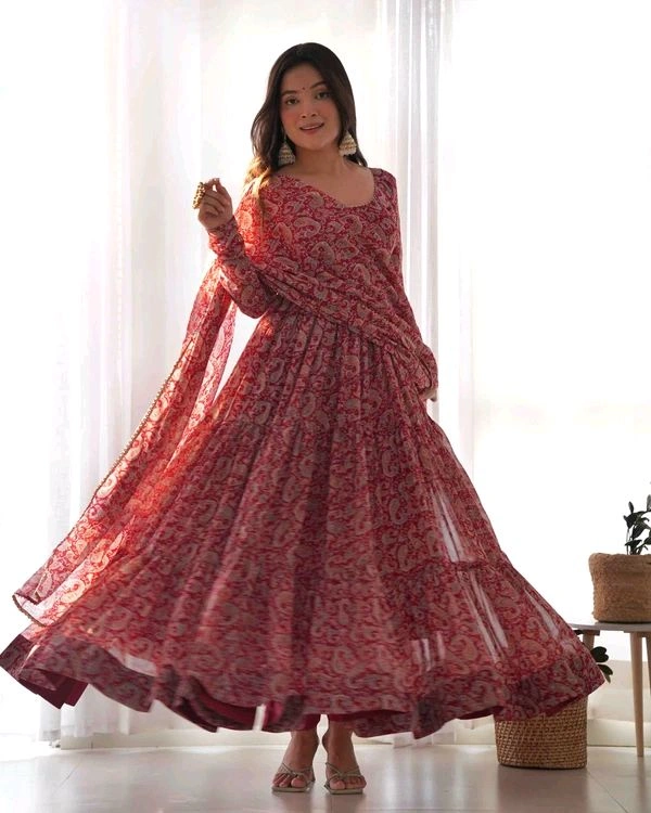 GabaTimes  PURE SOFT FOX GEORGETTE KALAMKARI PRINT FABRIC FULLY FLAIR ANARKALI WITH DUPPTA SET PENT READY TO WEAR - 3XL
