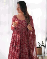 GabaTimes  PURE SOFT FOX GEORGETTE KALAMKARI PRINT FABRIC FULLY FLAIR ANARKALI WITH DUPPTA SET PENT READY TO WEAR - 3XL