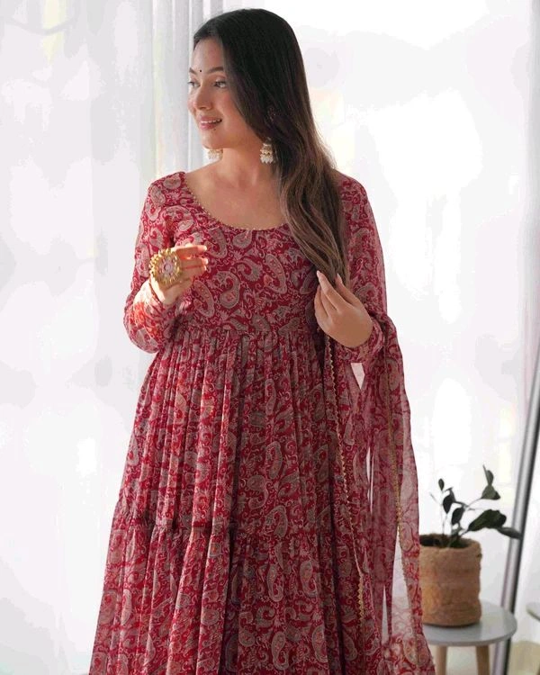 GabaTimes  PURE SOFT FOX GEORGETTE KALAMKARI PRINT FABRIC FULLY FLAIR ANARKALI WITH DUPPTA SET PENT READY TO WEAR - 3XL