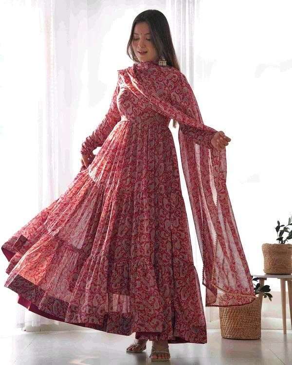 GabaTimes  PURE SOFT FOX GEORGETTE KALAMKARI PRINT FABRIC FULLY FLAIR ANARKALI WITH DUPPTA SET PENT READY TO WEAR - 3XL