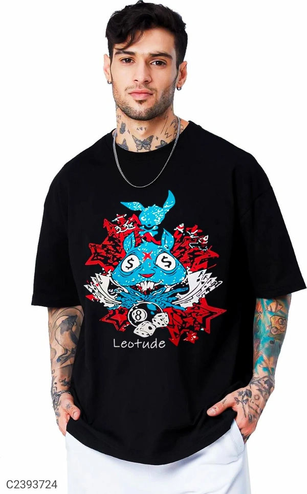 Leotude Men's Printed Loose Fit Half Sleeve T-shirt - Black, XXL