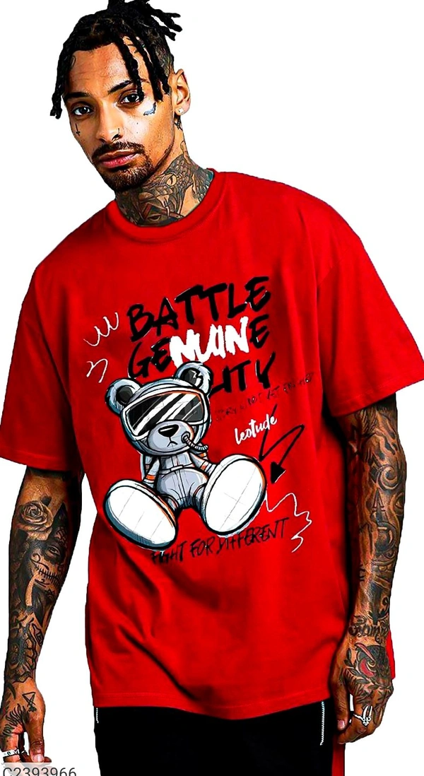 Leotude Men's Printed Loose Fit Half Sleeve T-shirt - Red, S