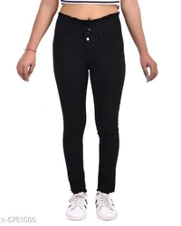 FASHIONABLE EXCLUSIVE WOMENS JEANS FOUR BUTTON BLACK  - Black, 34