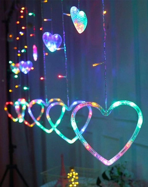 Multicolor Heart/Diwali Curtain, String Lights with 12 Hanging Heart and 138 LED Light with 8 Flashing Modes, Decoration Lighting Pack of 1