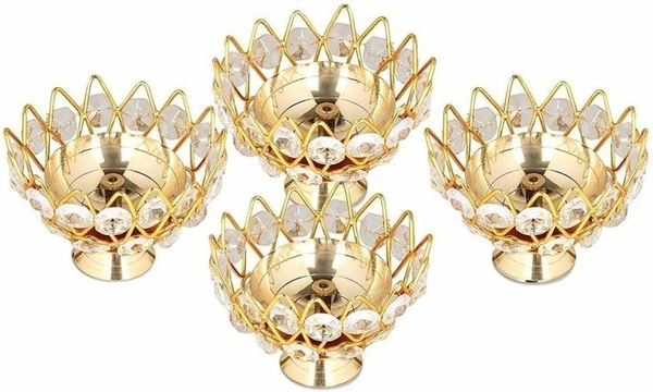 Heaven Decor Small Brass and crystal Akhand diya  Bowl style Brass Table Diya Setnbsp;4nbsp;(Height: 1.9 inch)
