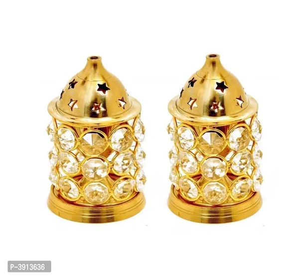 Heaven Decor Heaven Decor Pure Brass small Crystal akhand diya Brass Table Diya Set (Height: 4.2 inch, Pack of 2)