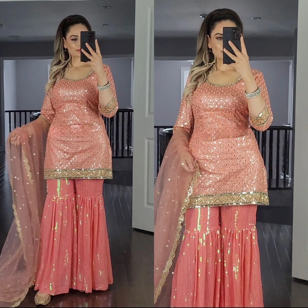 Sarara Plazo Heavy Faux Georgette With 9mm Embroidery Rembo Sequence - Bittersweet