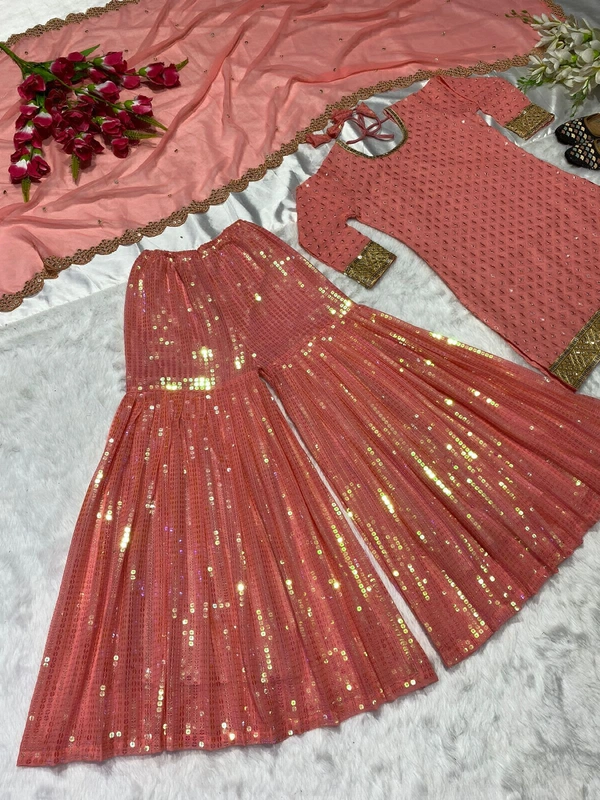 Sarara Plazo Heavy Faux Georgette With 9mm Embroidery Rembo Sequence - Bittersweet