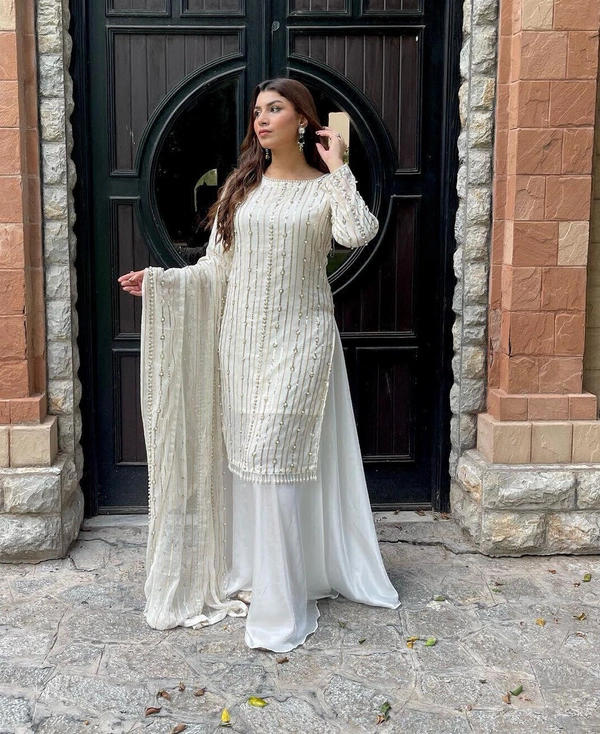 Presenting New Festival Collection With Faux Georgette And Heavy Embroidery Sequence Work Top-Plazo And Dupatta Set Fully Stitched Ready To Wear - White