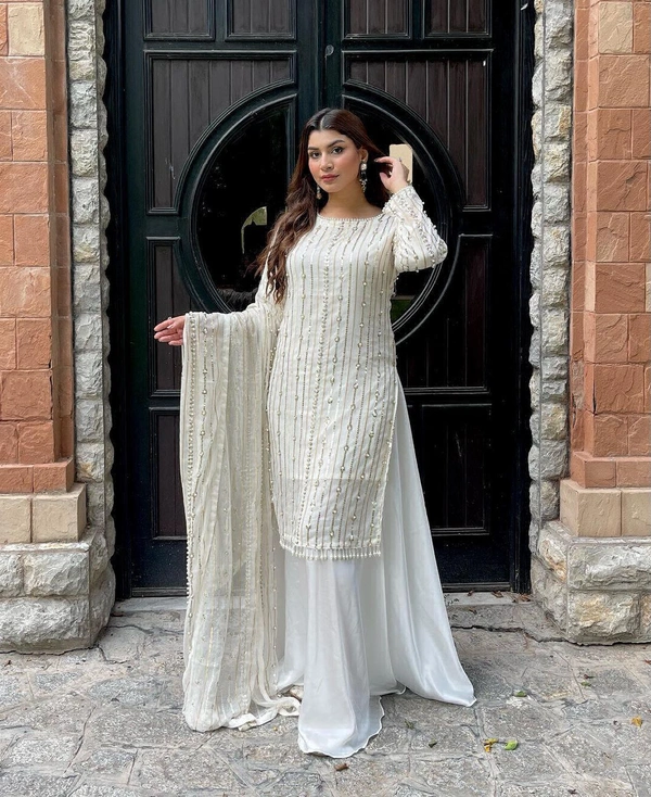 Presenting New Festival Collection With Faux Georgette And Heavy Embroidery Sequence Work Top-Plazo And Dupatta Set Fully Stitched Ready To Wear - White