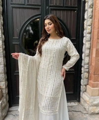 Presenting New Festival Collection With Faux Georgette And Heavy Embroidery Sequence Work Top-Plazo And Dupatta Set Fully Stitched Ready To Wear - White