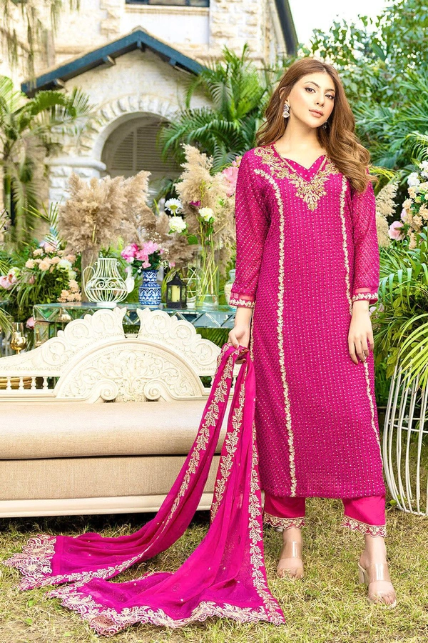Launching New Super Hit Designe Collection Beautiful Embroidery And Sequins With Stone Hand Work Long Kurti - Pent With Dupatta - Purple Pizzazz