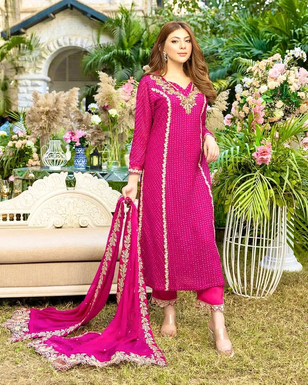 Launching New Super Hit Designe Collection Beautiful Embroidery And Sequins With Stone Hand Work Long Kurti - Pent With Dupatta - Purple Pizzazz