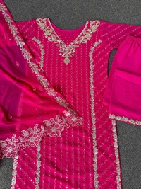 Launching New Super Hit Designe Collection Beautiful Embroidery And Sequins With Stone Hand Work Long Kurti - Pent With Dupatta - Purple Pizzazz