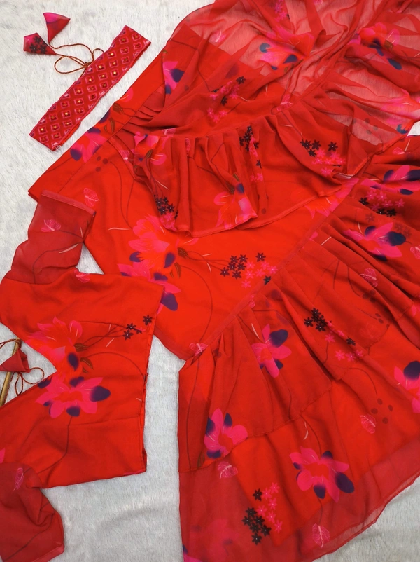 Lahenga Saree Faux Georgette With Digital Print & 3 Layer Ruffle With Attached Dupatta