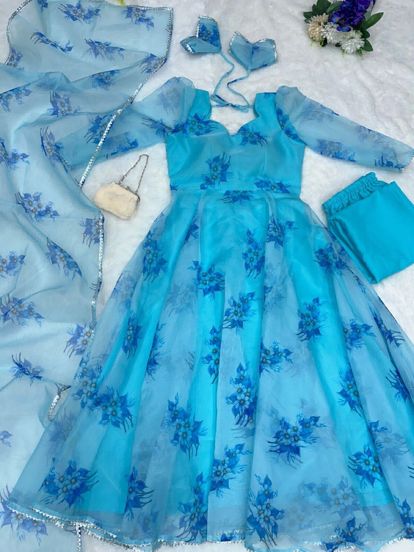 Digital printed organza silk Anarkali suit with huge flair - Cerulean, 36