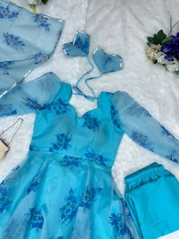Digital printed organza silk Anarkali suit with huge flair - Cerulean, 36