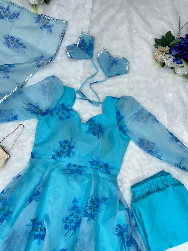 Digital printed organza silk Anarkali suit with huge flair - Cerulean, 36