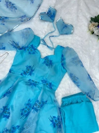 Digital printed organza silk Anarkali suit with huge flair - Cerulean, 36